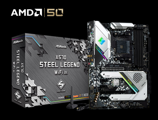 ASRock X570 Steel Legend WiFi ax Motherboard Standing Up, Next to Its Product Box and the AMD 50 Logo